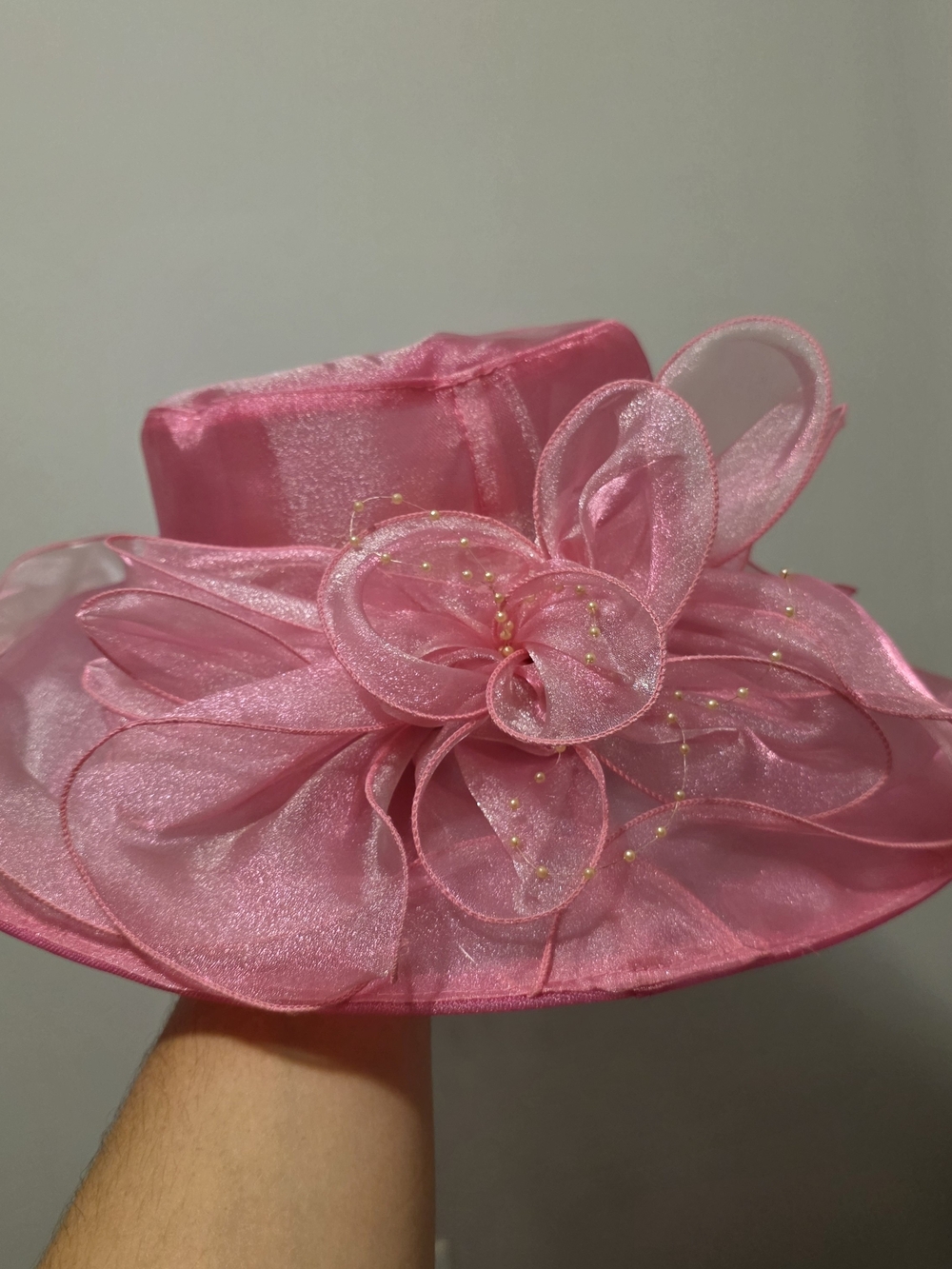 Women's Pink Organza Dress Hat with Floral Bow Accent